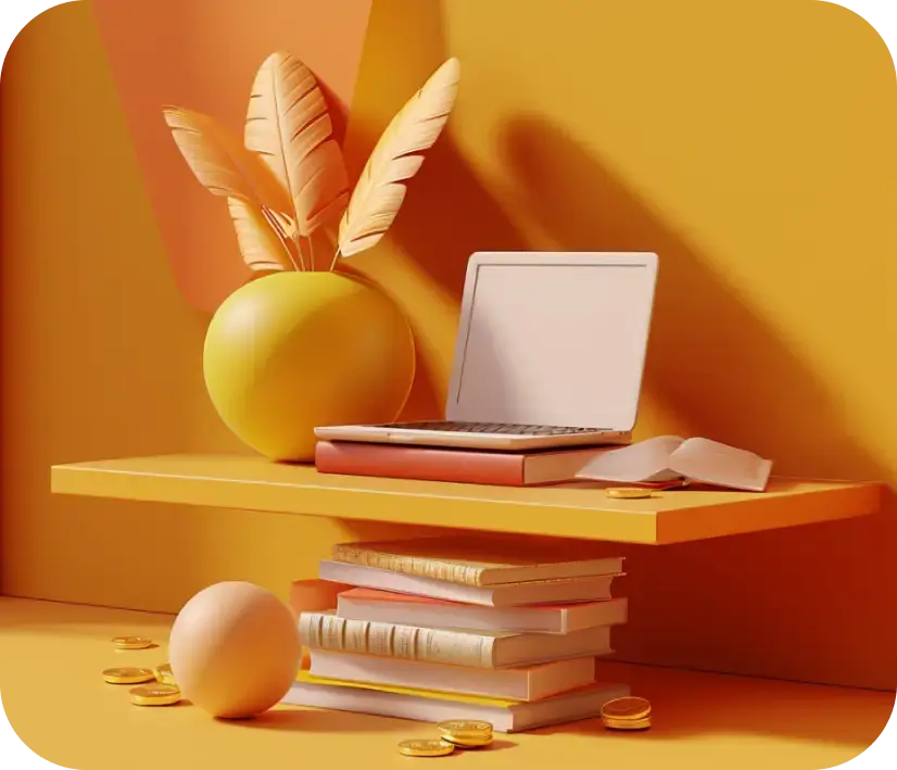 Красивое изображение ноутбука, книг и цветка